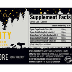 North Spore capsules shown with label noting 100 mg organic extracts.