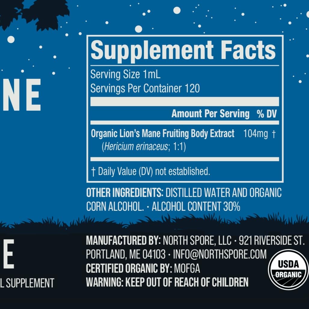 North Spore Lions Mane tincture USA-made production badge visible.