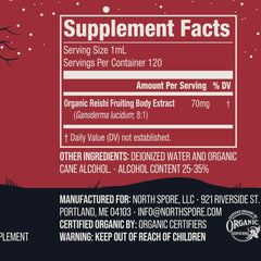 North Spore Reishi tincture label communicates vegan and non-GMO integrity.