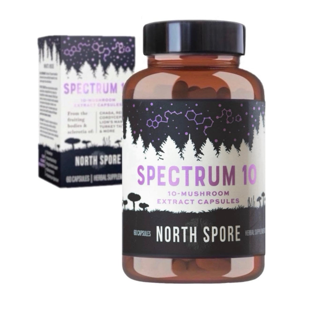 North Spore Spectrum 10 bottle close-up highlighting organic 10-mushroom blend for focus