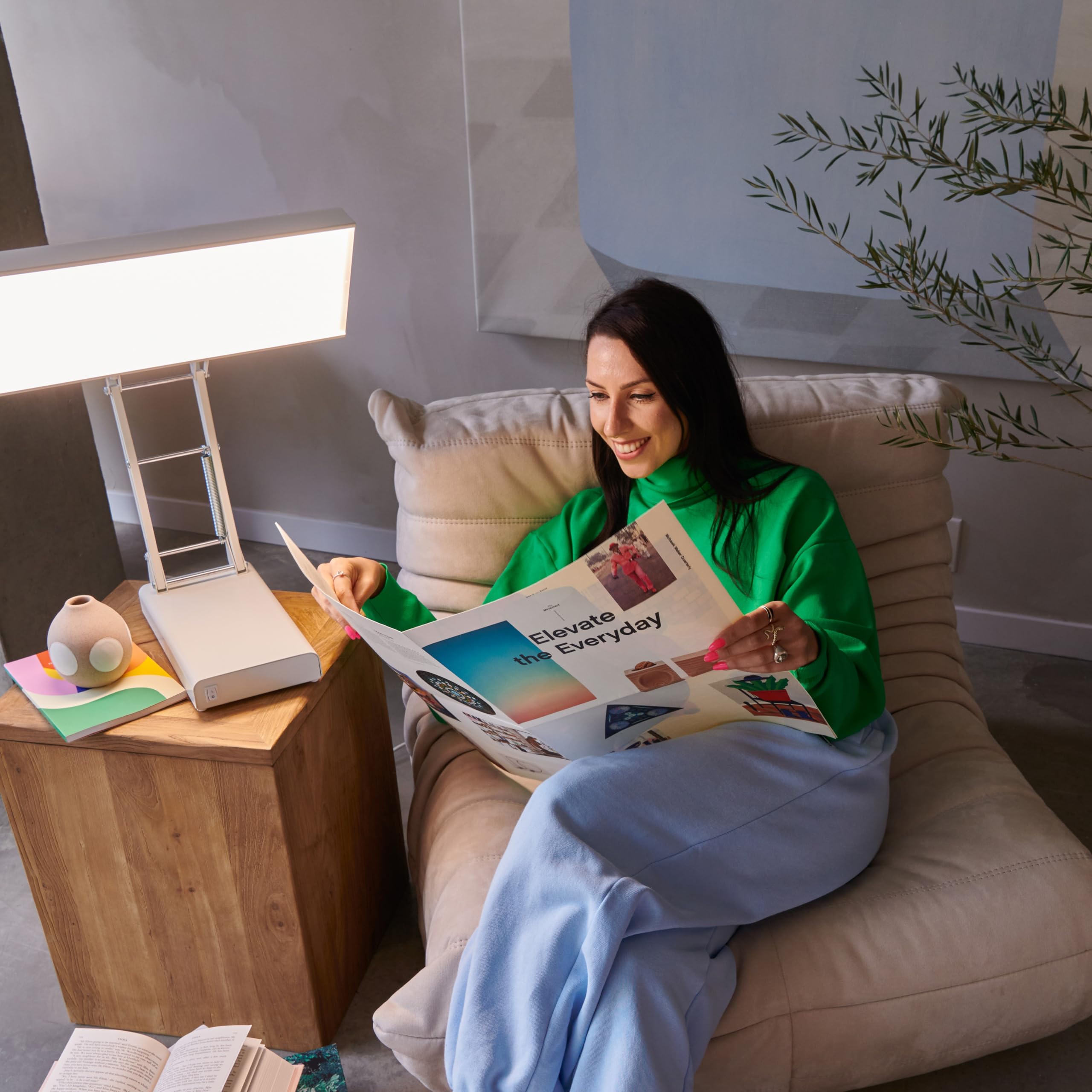 Northern Lights NLT lamp on beige desk demonstrates cozy, mood-friendly setup.
