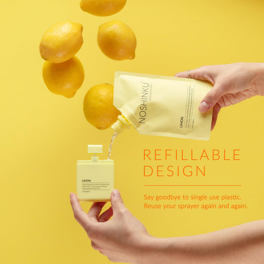 Noshinku refillable pocket spray with orange coriander scent for refreshing hands.