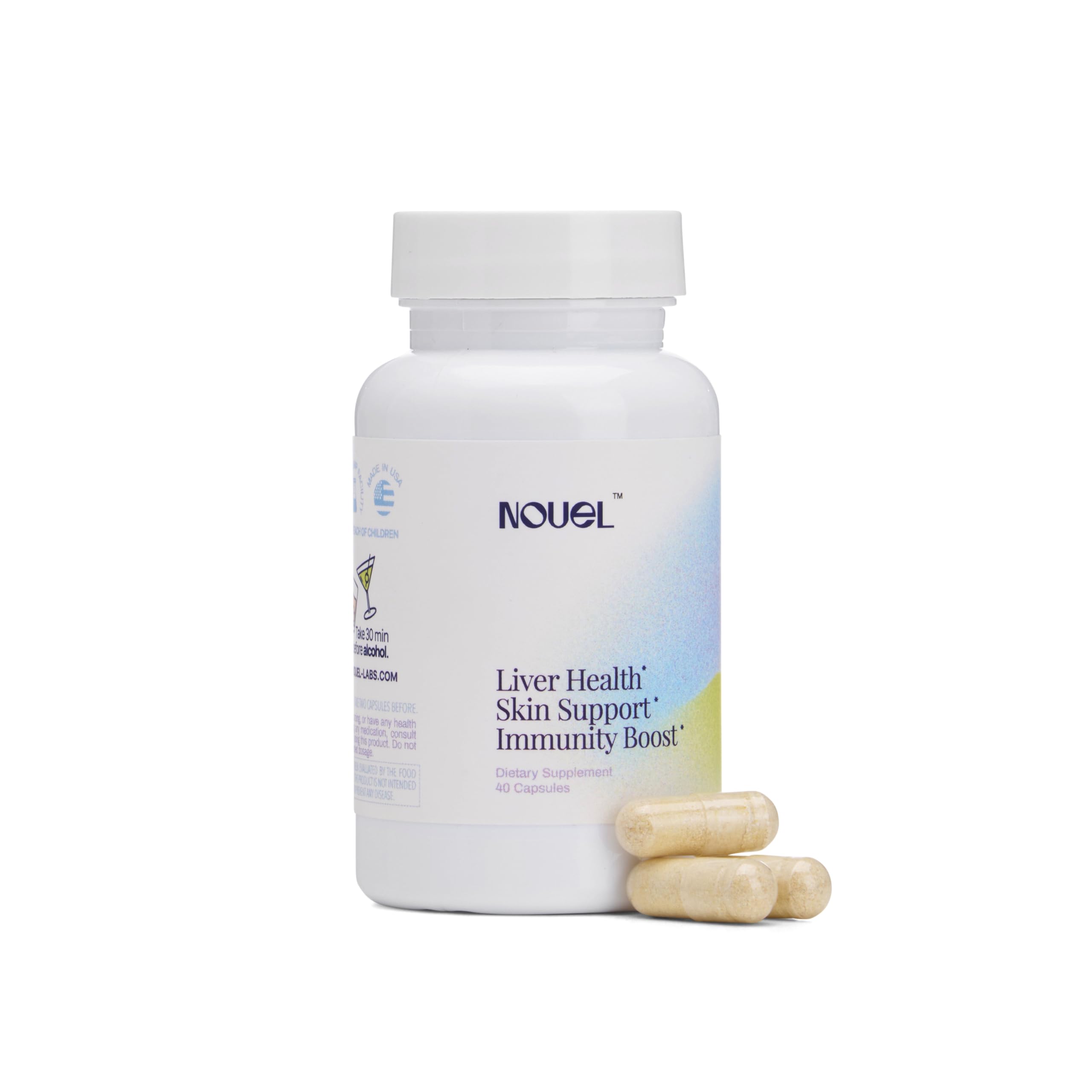 Nouel bottle label close-up highlighting recovery formula for skin and liver support.