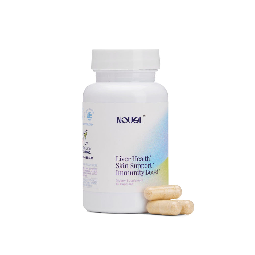 Nouel bottle label close-up highlighting recovery formula for skin and liver support.