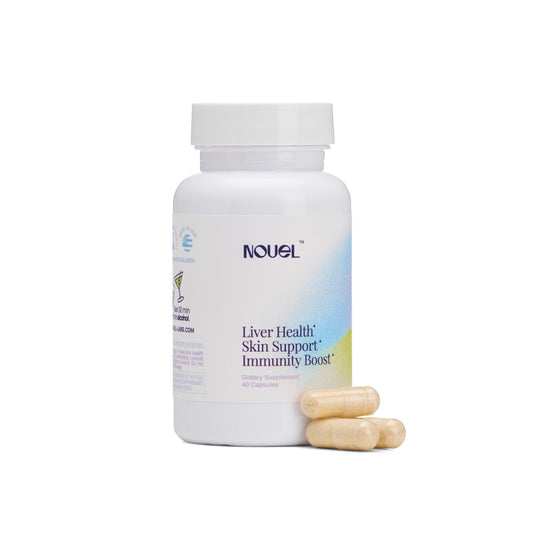 Nouel bottle label close-up highlighting recovery formula for skin and liver support.
