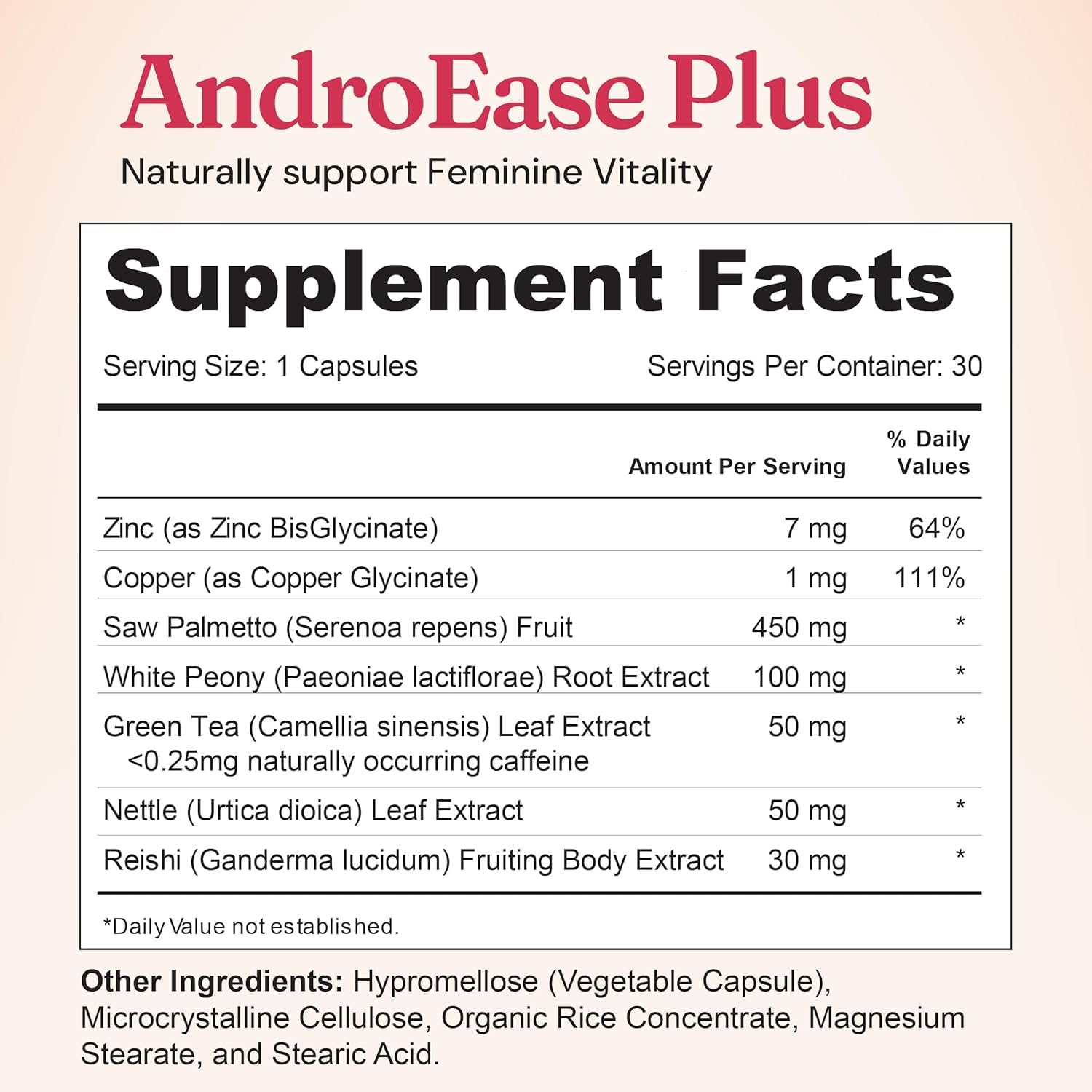 Nourished AndroEase Plus ingredients like green tea and zinc boost natural support.