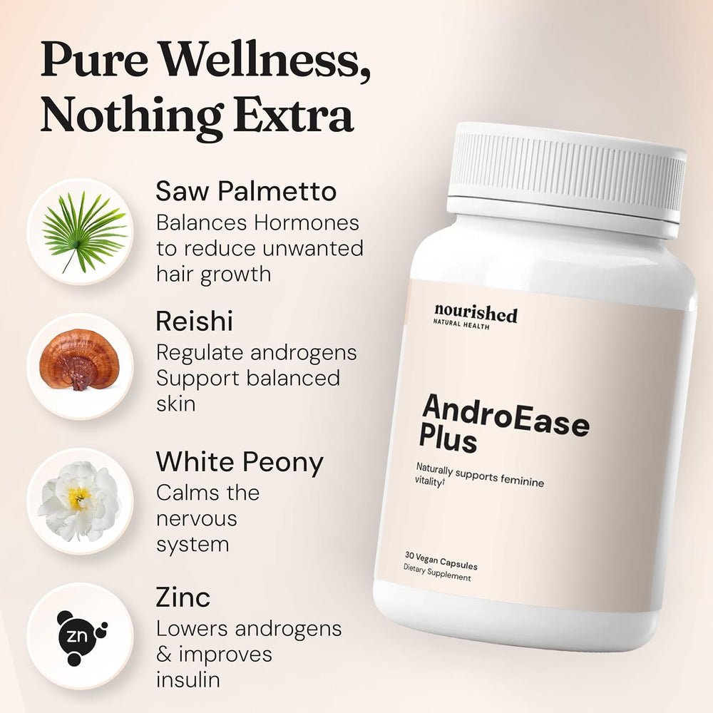 Nourished AndroEase Plus third-party testing badge signals purity and potency.