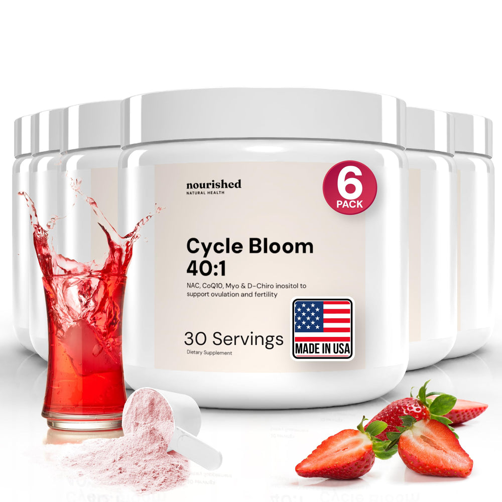 Nourished Natural Health CycleBloom powder tub front showing bottle and label for daily cycle balance