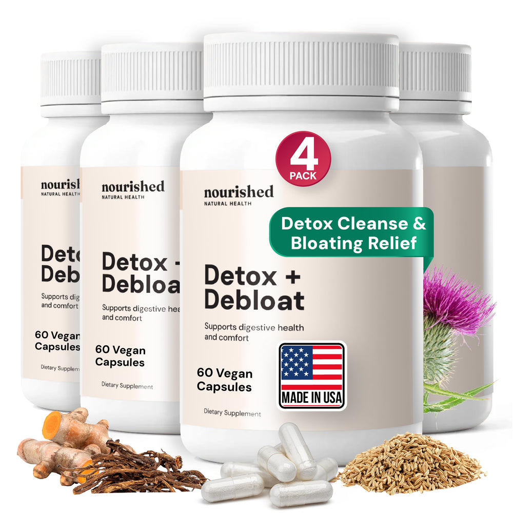 Nourished Detox + Debloat bottle cap close-up showing capsules for daily wellness support