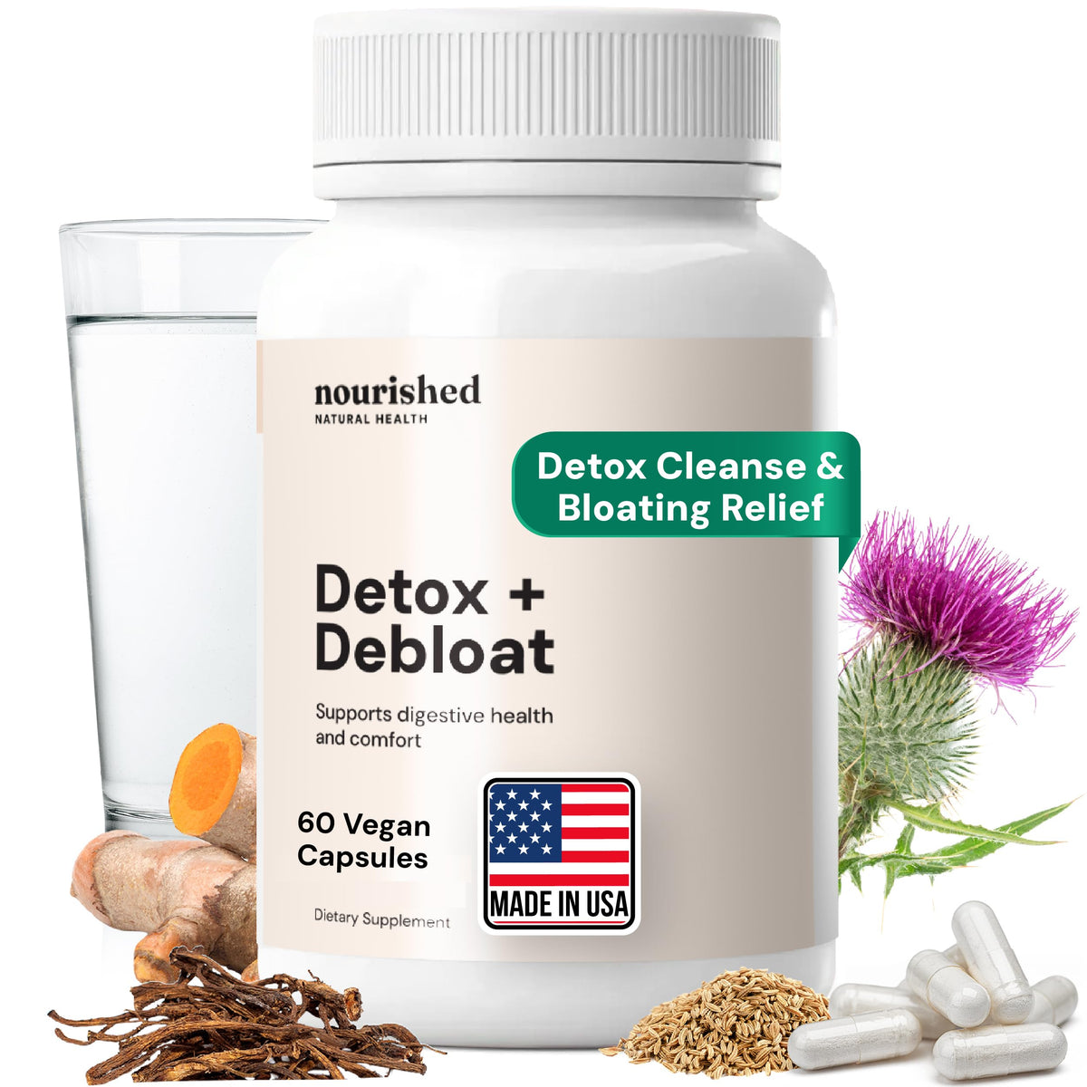 Nourished Natural Health Detox and Debloat bottle front showing product design for daily support.