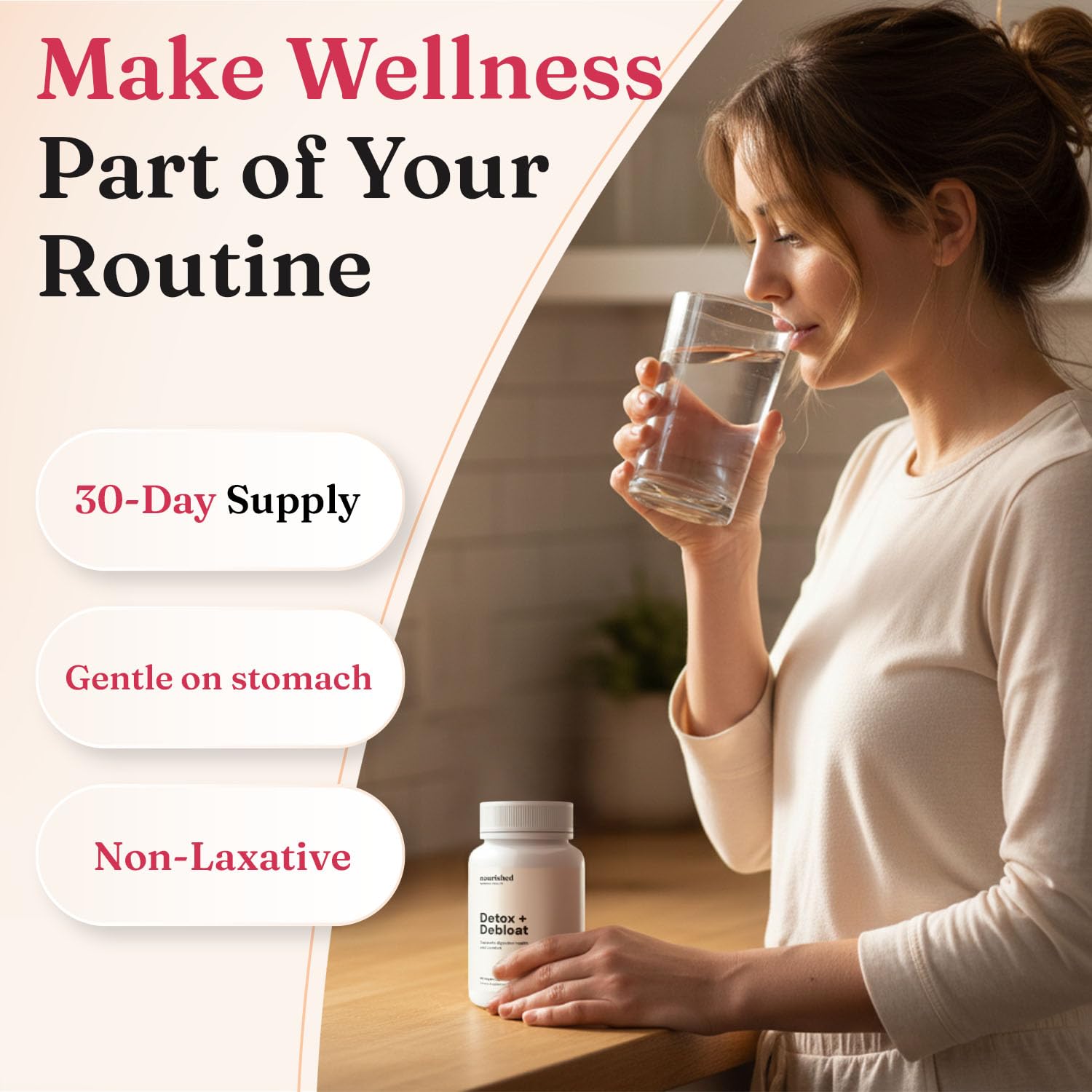 Nourished Detox + Debloat box packaging highlights gluten-free, soy-free ingredients