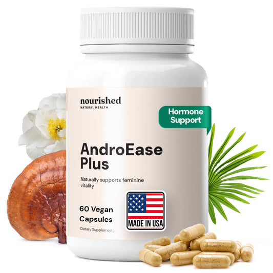 Nourished Natural Health AndroEase Plus bottle pouring for daily vitality
