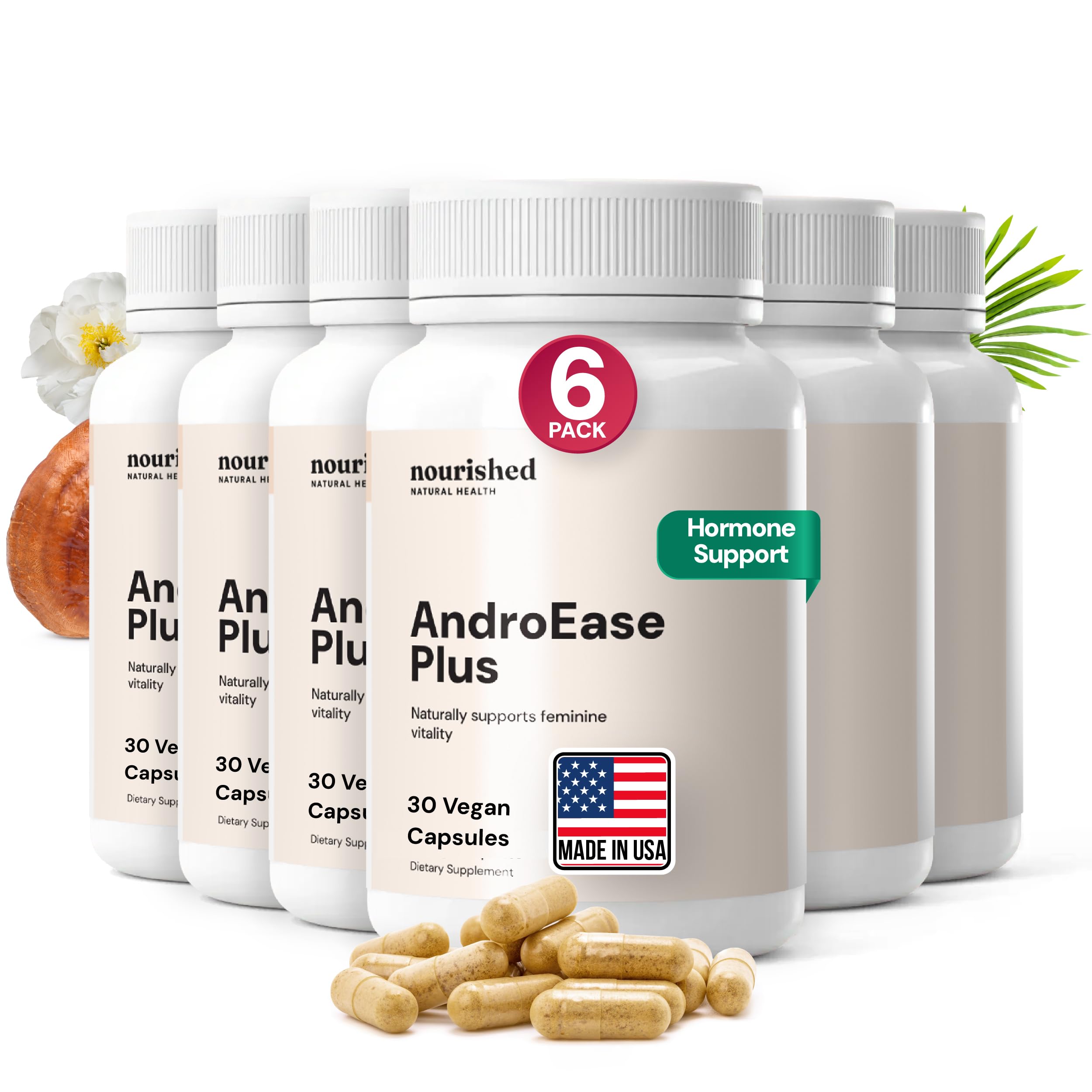 Nourished AndroEase Plus bottle on shelf for daily wellness support.