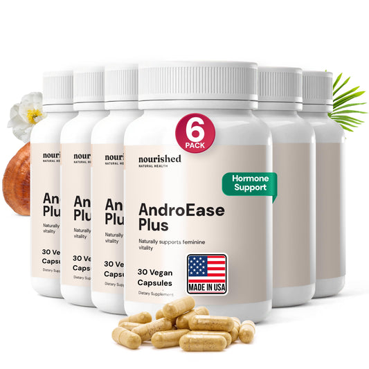 Nourished AndroEase Plus bottle on shelf for daily wellness support.