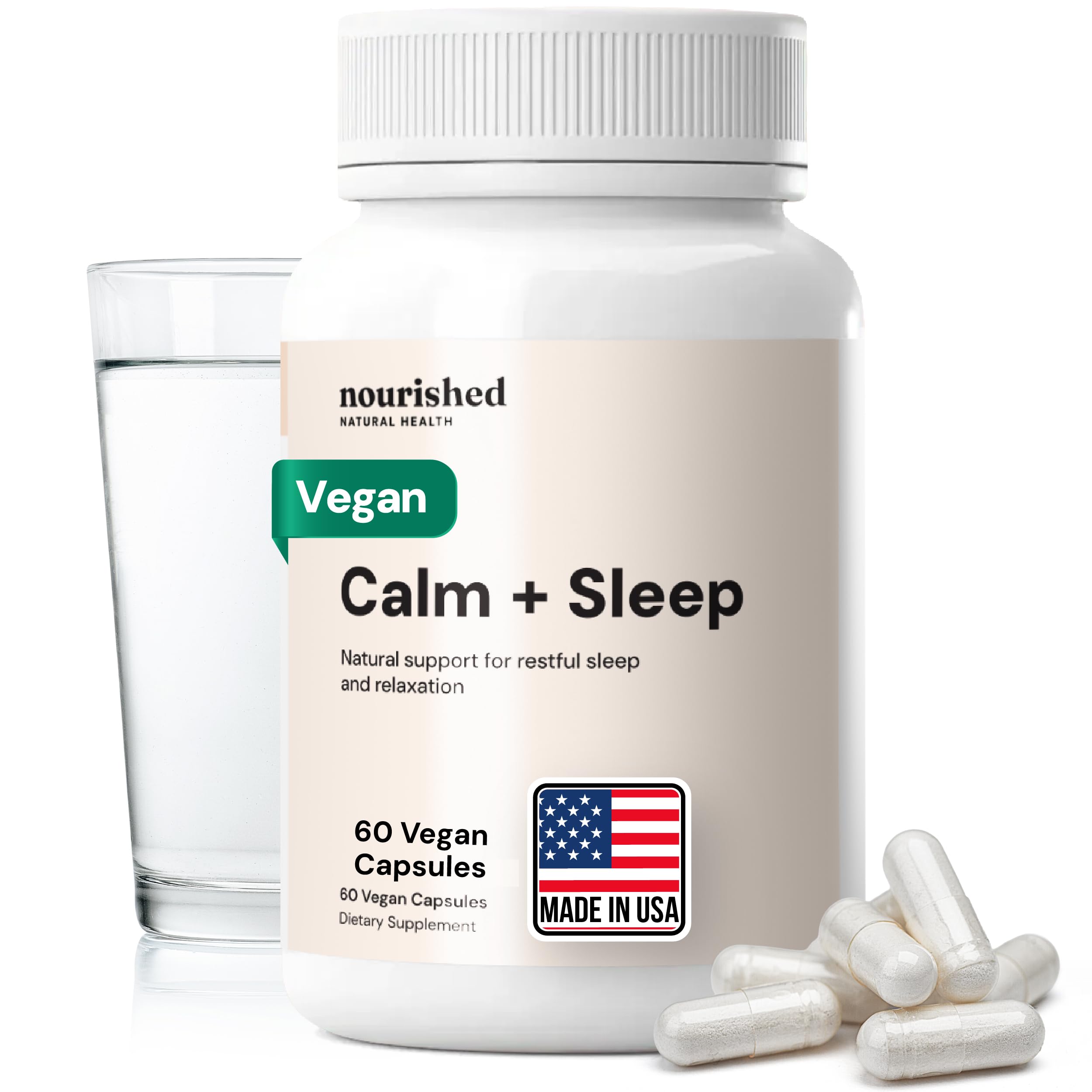 Nourished Natural Health Calm + Sleep bottle closeup showing a melatonin-free night support option.