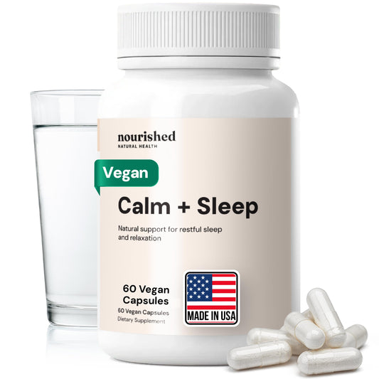 Nourished Natural Health Calm + Sleep bottle closeup showing a melatonin-free night support option.