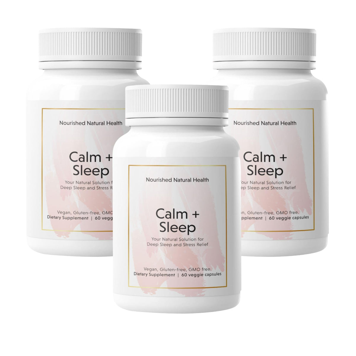 Nourished Natural Health Calm + Sleep bottle on nightstand supports a calming bedtime routine
