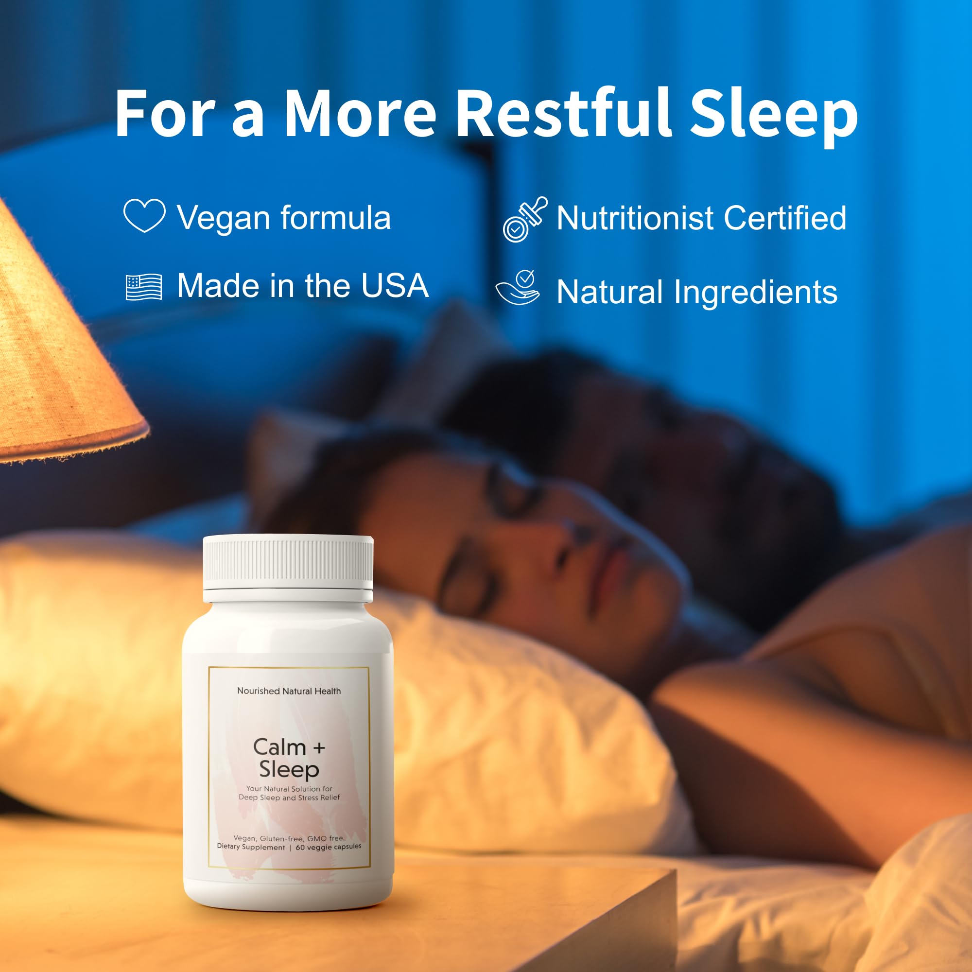 Nourished Natural Health Calm + Sleep bottle on nightstand signaling a calm bedtime routine.
