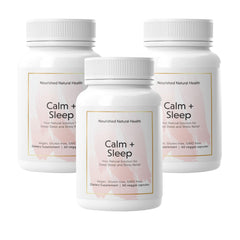Nourished Natural Health Calm + Sleep bottle on nightstand supports a calming bedtime routine