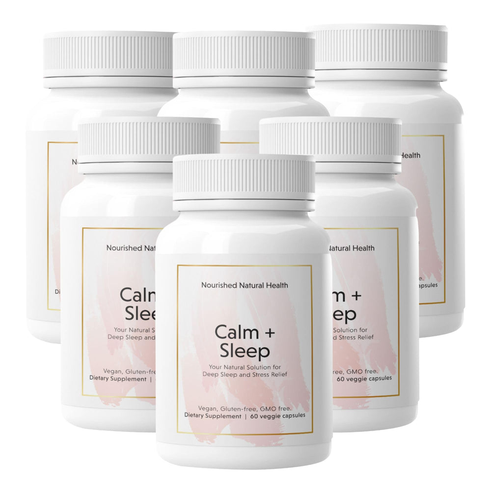 Nourished Natural Health Calm + Sleep bottle showing melatonin-free relaxation support.