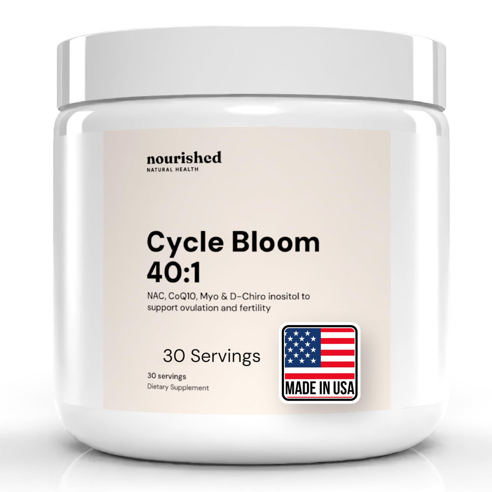Nourished Natural Health CycleBloom bottle label emphasizes a balanced 40:1 inositol formula for hormonal rhythm.
