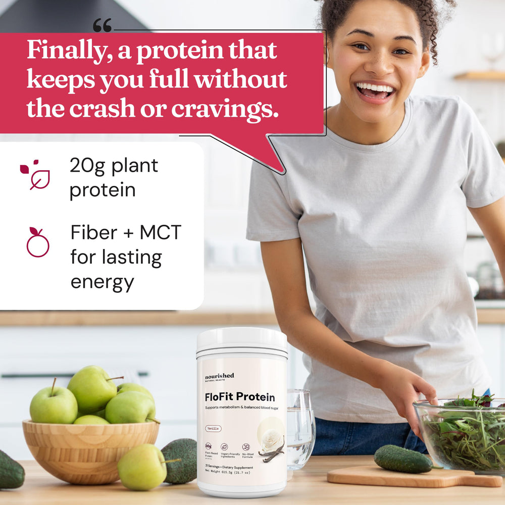 Vanilla FloFit smoothie in glass, versatile flavor pairing for plant-based nutrition.