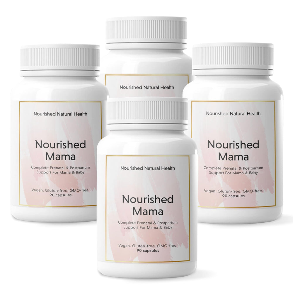 Nourished Prenatal Mama bottle on a wooden surface showcasing convenient daily support for mom and baby