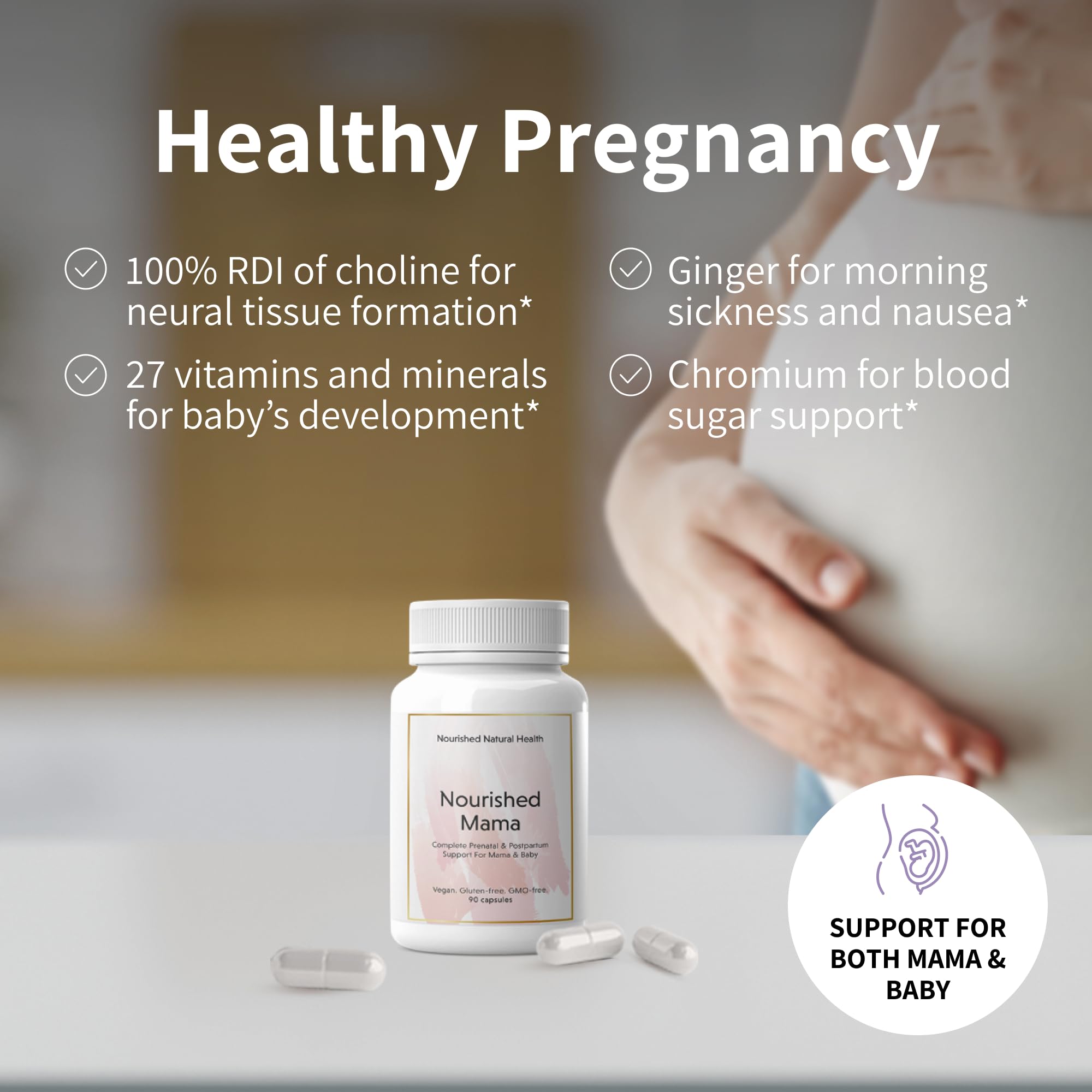 Daily routine scene with Nourished Prenatal Mama pills and water for simple intake