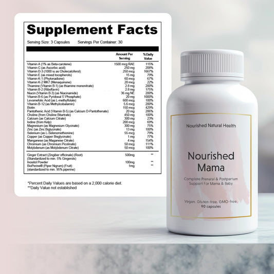 Close-up of Nourished Prenatal Mama tablets highlighting 27 essential nutrients