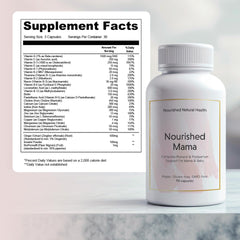 Close-up of Nourished Prenatal Mama tablets highlighting 27 essential nutrients