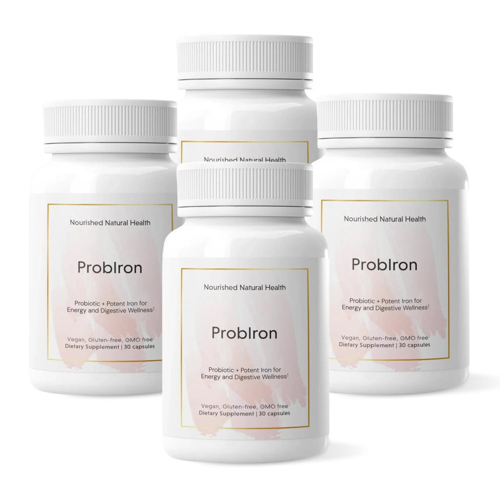 Nourished Natural Health ProIron bottle close-up for daily energy support.