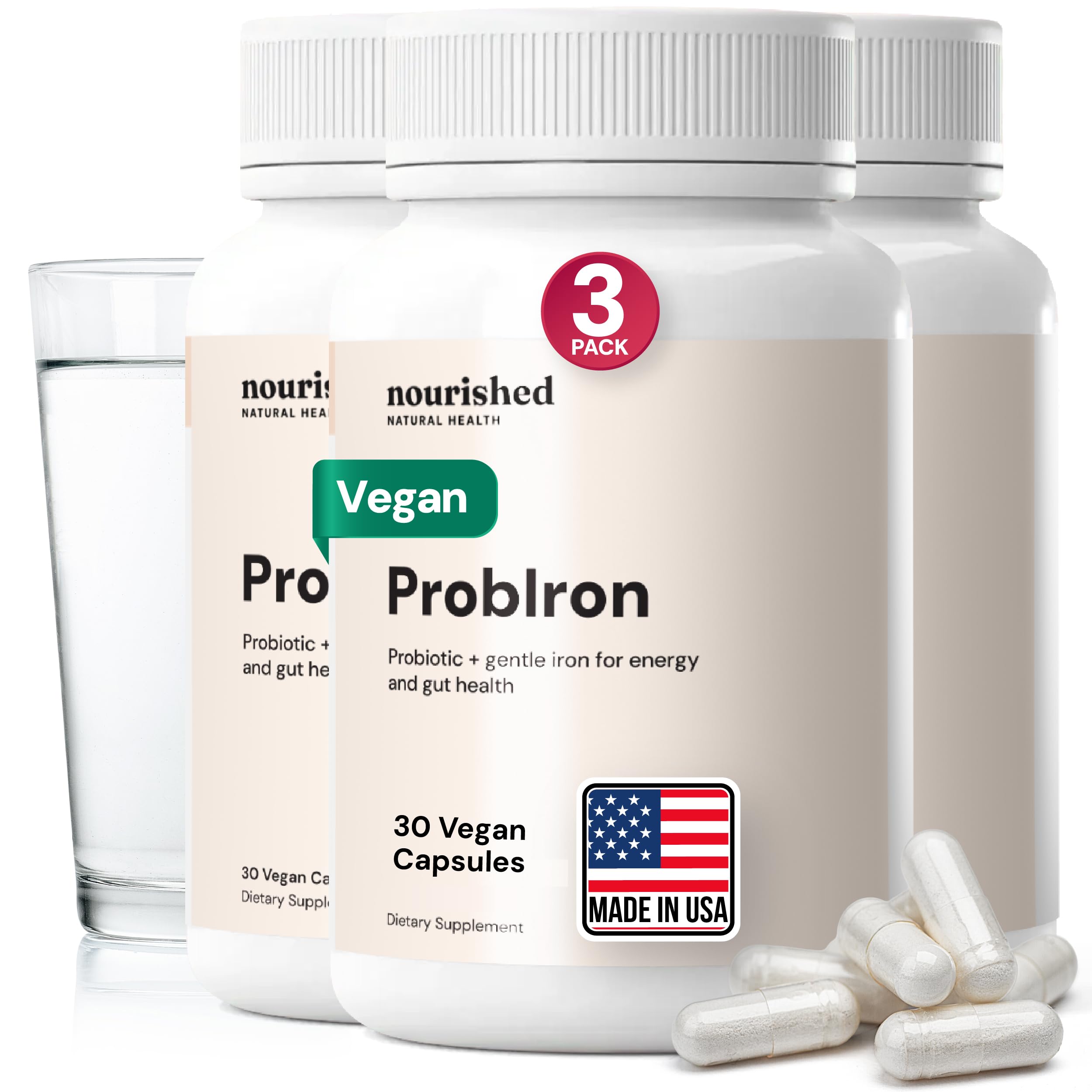 Nourished ProbIron bottle close-up highlighting vegan iron with vitamin C and copper for energy support