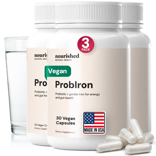 Nourished ProbIron bottle close-up highlighting vegan iron with vitamin C and copper for energy support