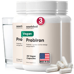 Nourished ProbIron bottle close-up highlighting vegan iron with vitamin C and copper for energy support