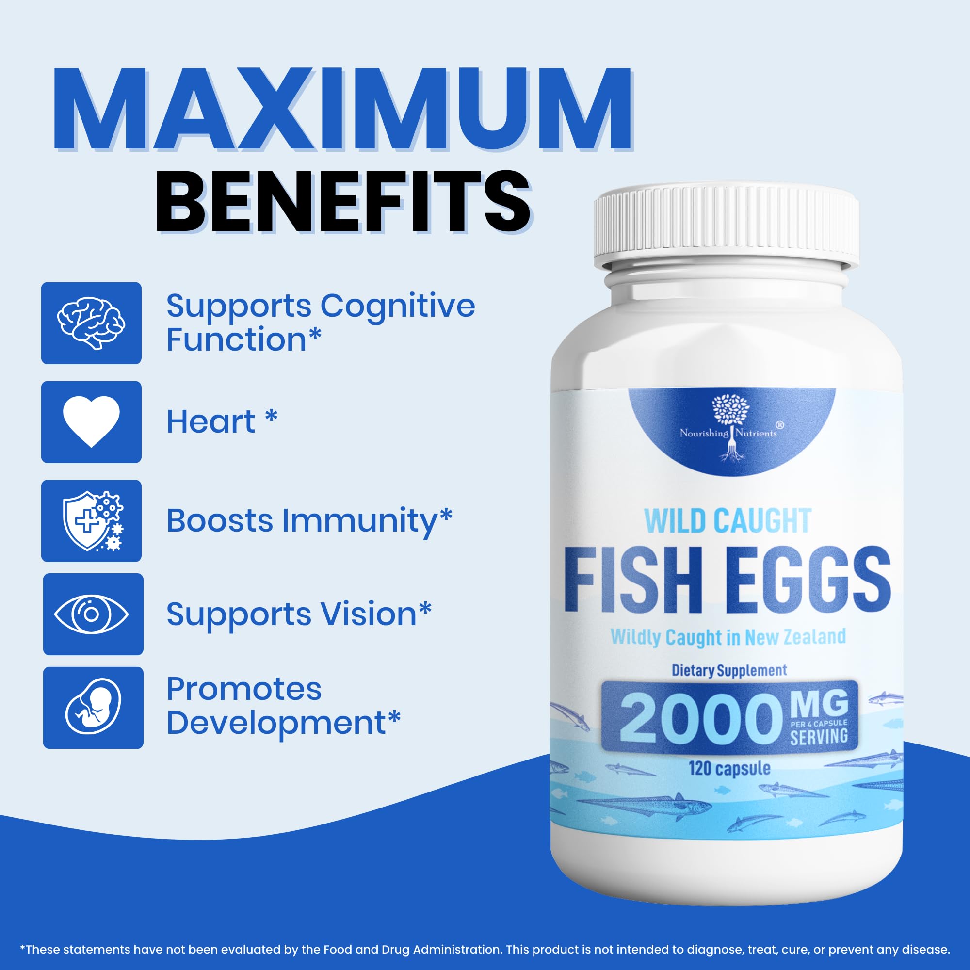 Nourishing Nutrients fish eggs capsules showing DHA and EPA in daily vitality