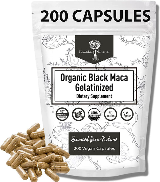 Nourishing Nutrients Organic Gelatinized Black Maca bottle pour supports sustained energy and focus