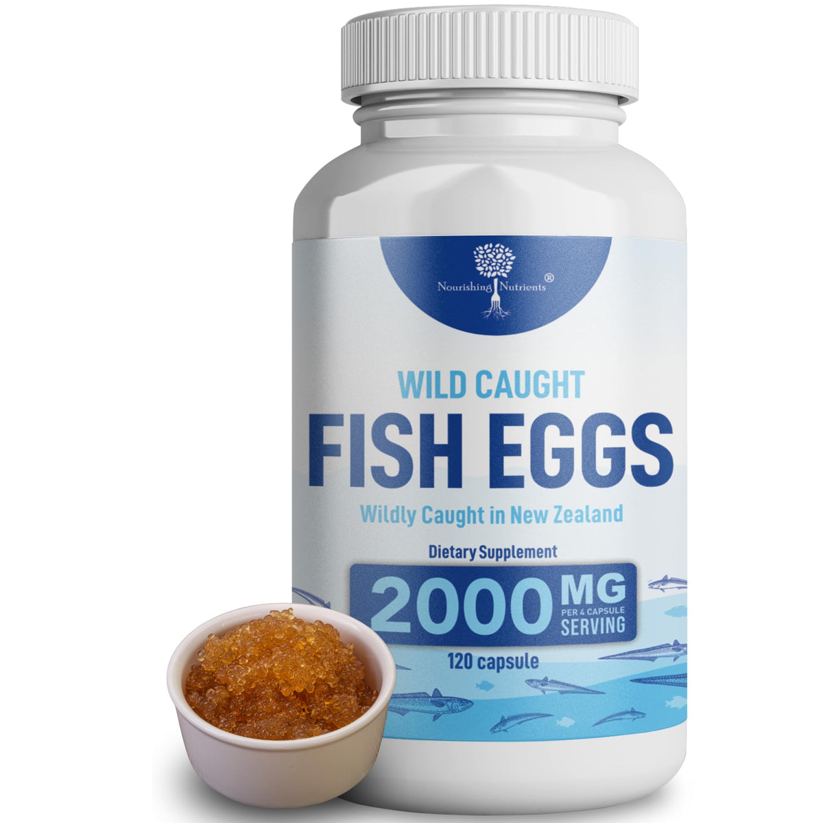 Nourishing Nutrients wild-caught fish eggs bottle close-up highlighting omega-3 for eye and brain health