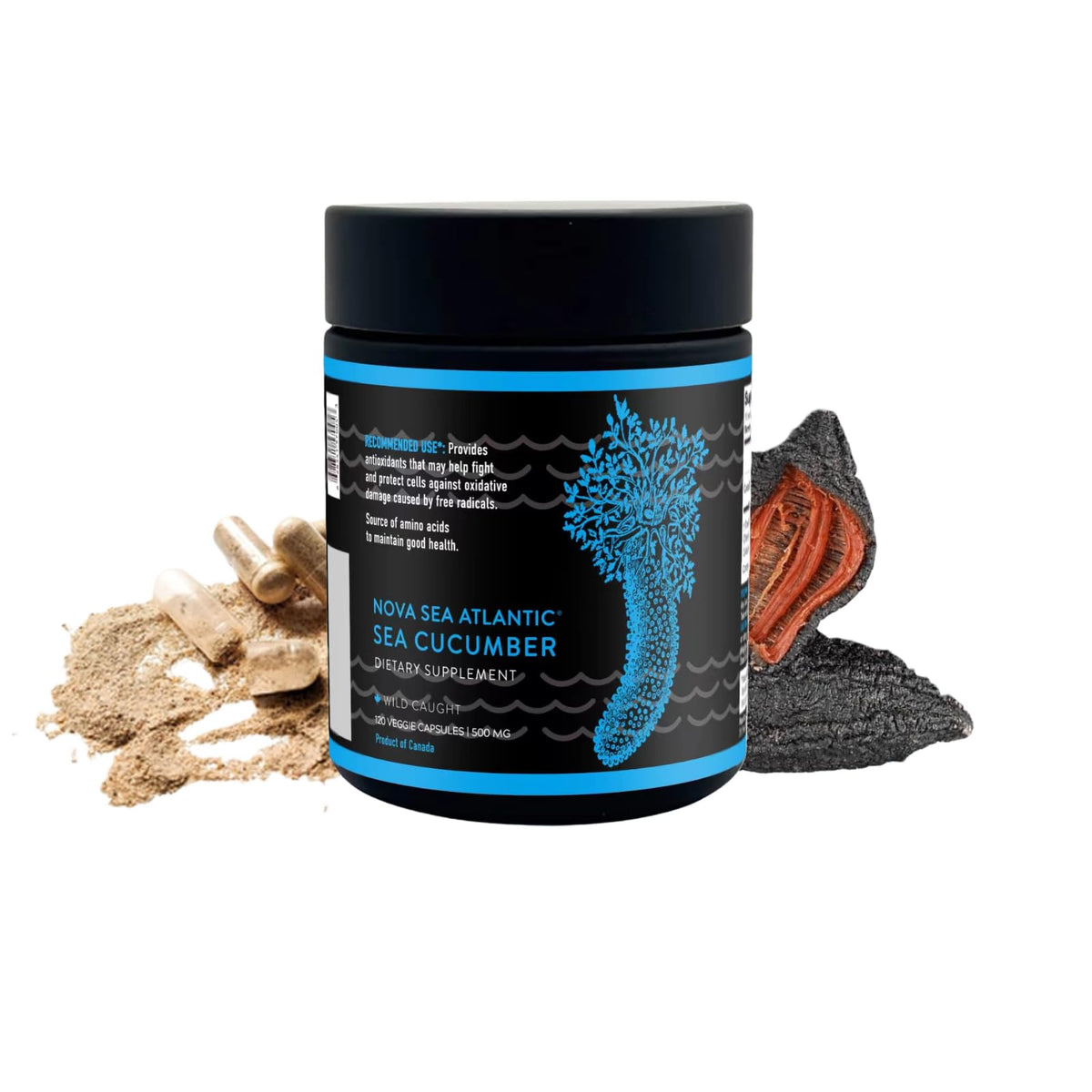 Nova Sea Atlantic sea cucumber capsules in bottle for daily use.