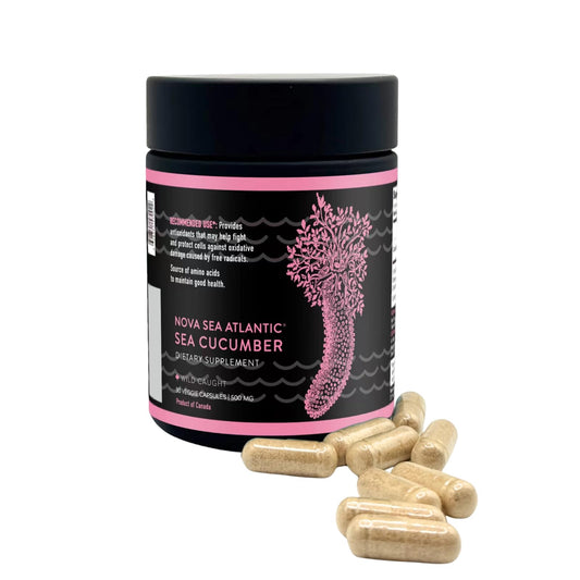 Nova Sea Atlantic wild sea cucumber bottle shows easy daily dosing for antioxidant nutrition.