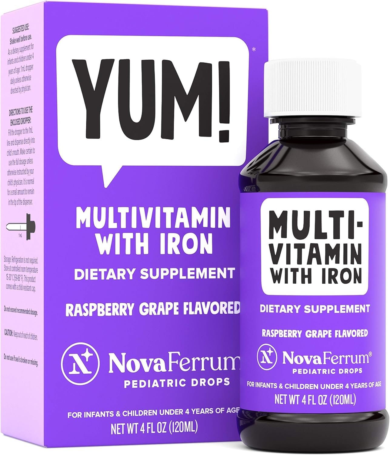 NovaFerrum Yum bottle front view, kid-friendly iron supplement supporting iron levels.