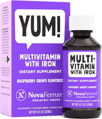 NovaFerrum Yum bottle front view, kid-friendly iron supplement supporting iron levels.