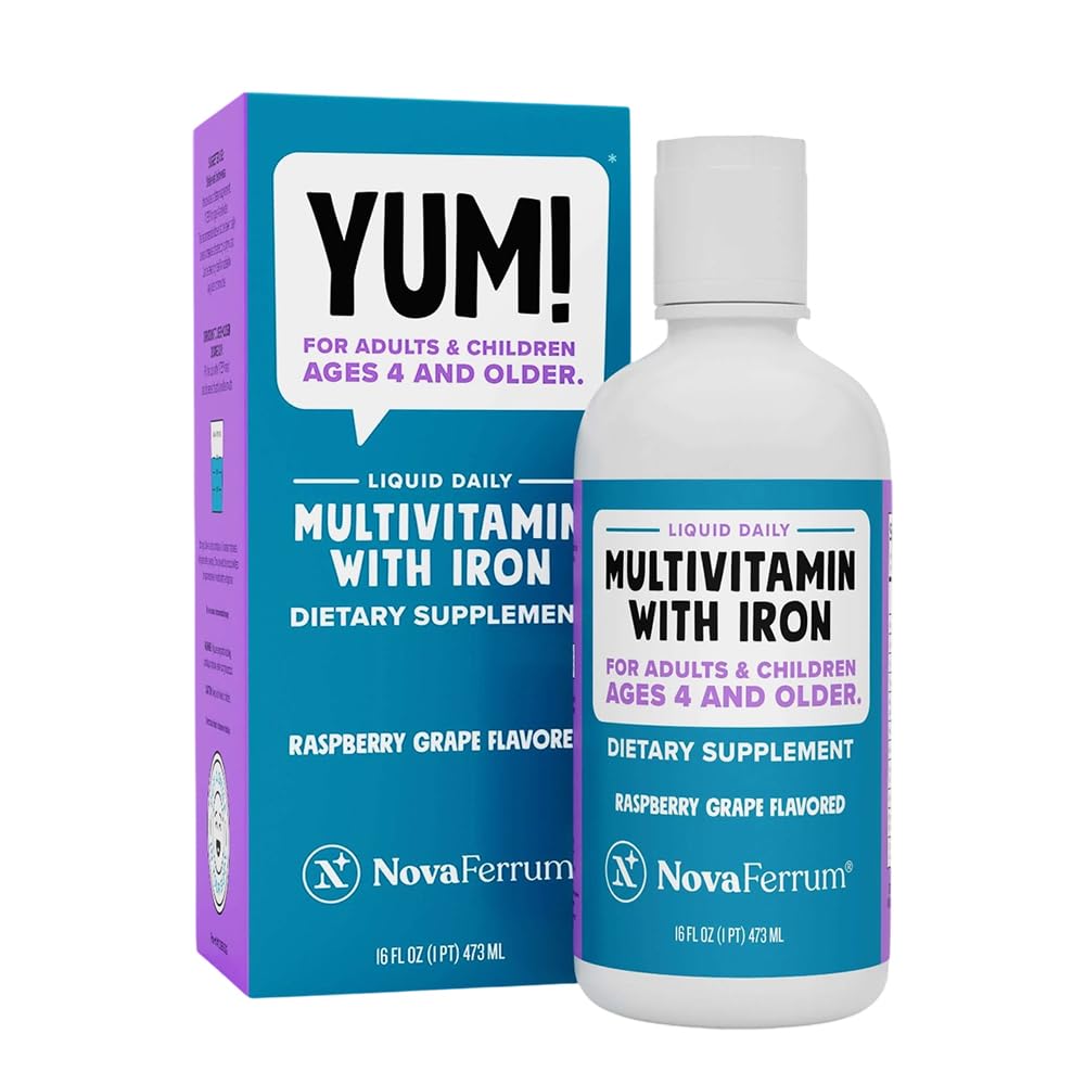 NovaFerrum Yum bottle pour shows a kid-friendly iron multivitamin with pleasant taste.