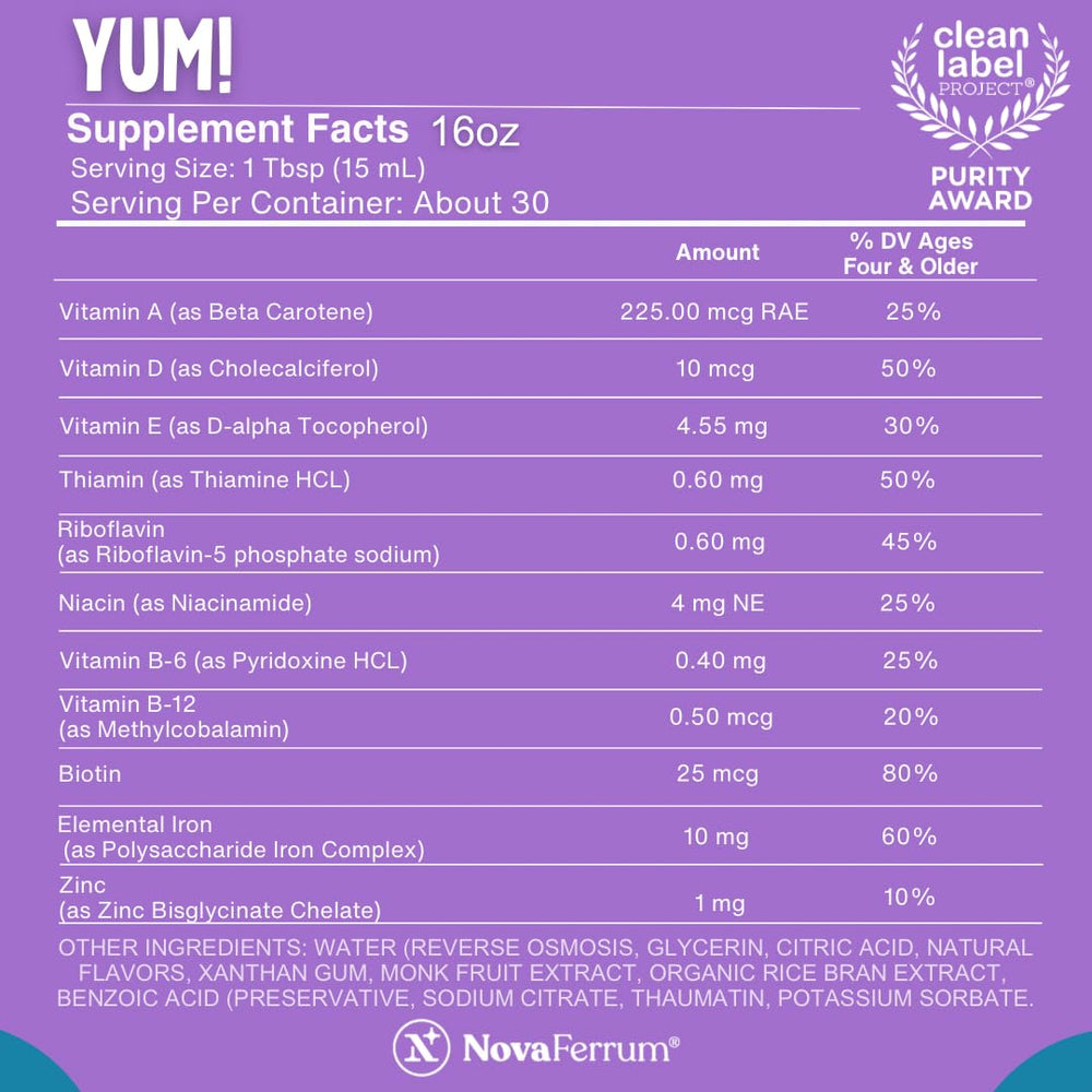 NovaFerrum Yum dispensing into juice for easy mixing with formula or drinks.