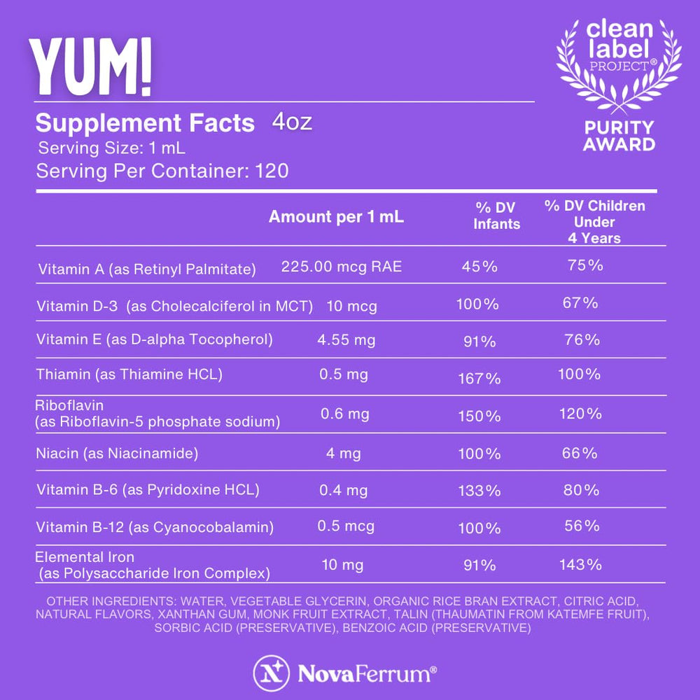 NovaFerrum Yum label close-up, gluten-free and sugar-free formula highlighted.