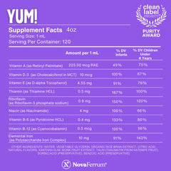 NovaFerrum Yum label close-up, gluten-free and sugar-free formula highlighted.