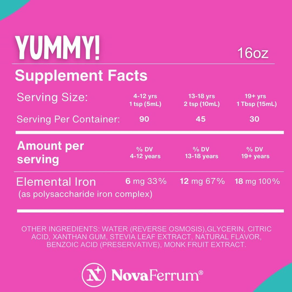 NovaFerrum Yummy dosing for kids promotes daily iron routine.