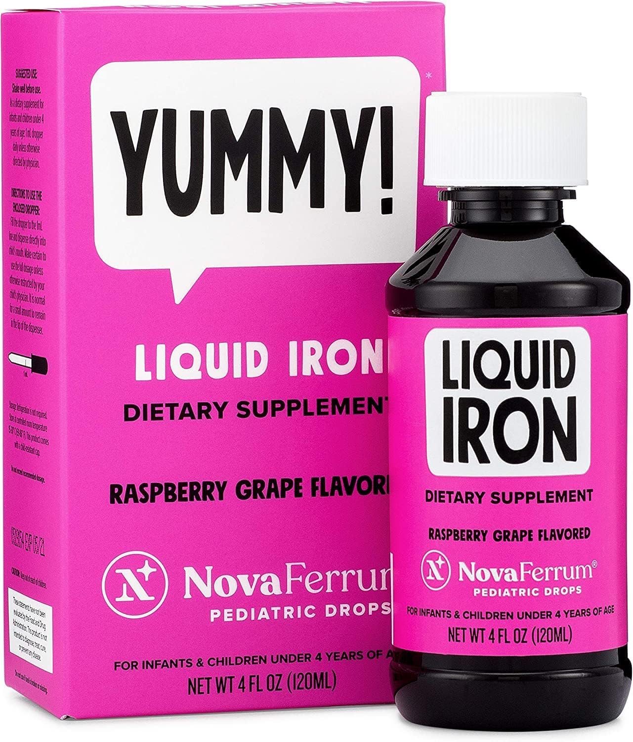 NovaFerrum Yummy Raspberry drops bottle pour for easy, kid-friendly iron supplementation