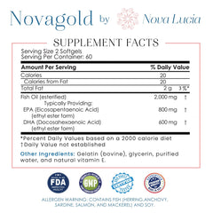 NovaGold Omega-3 bottle label detail highlighting purity and non-GMO formulation