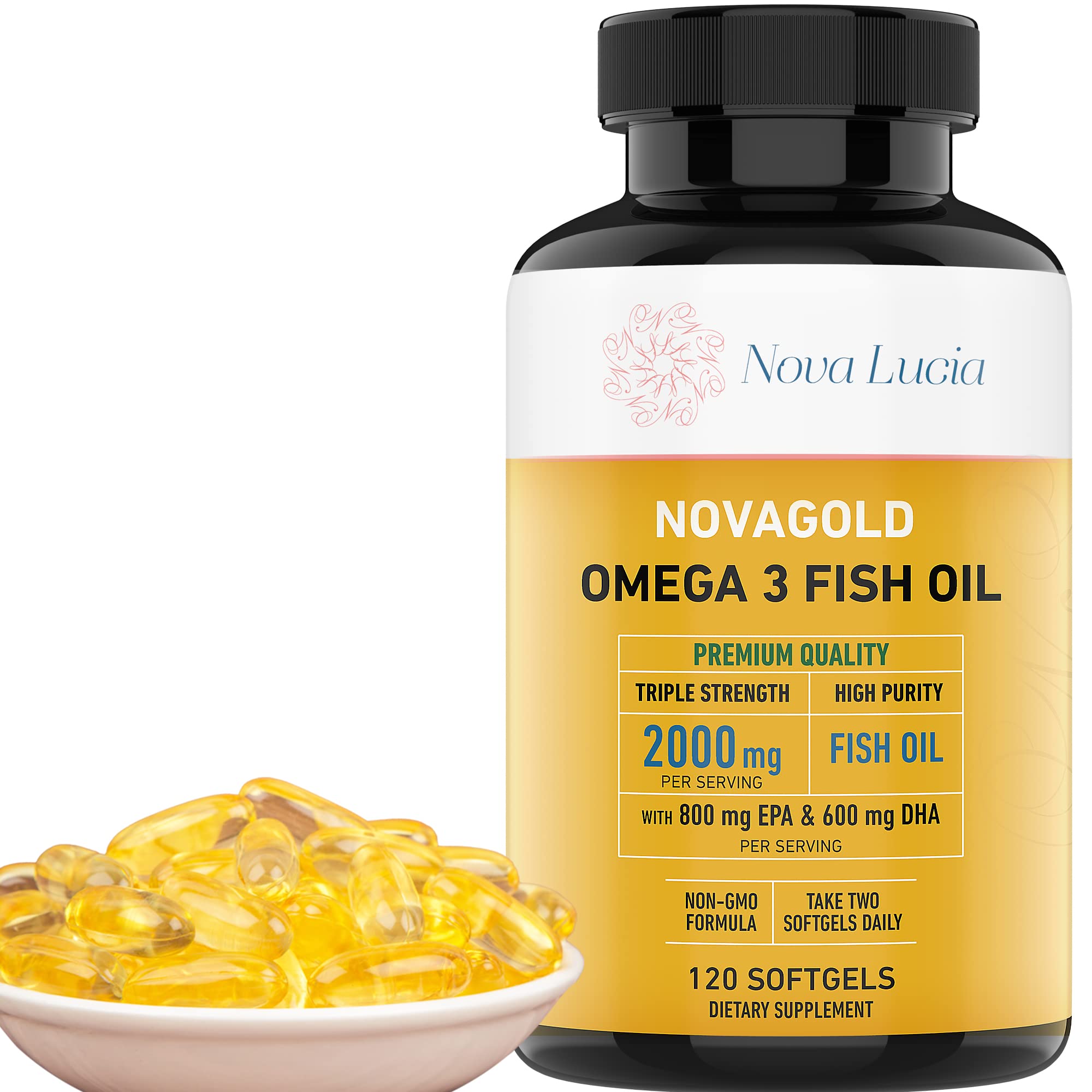 NovaGold Omega 3 bottle front with high-strength EPA/DHA labeling for daily support
