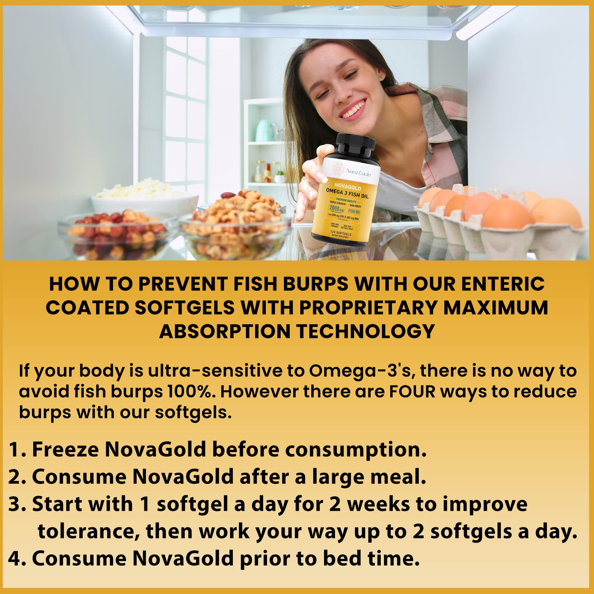 NovaGold Omega 3 softgels closeup showing burpless capsules for easy swallowing